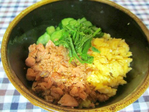 鮭と卵とキュウリの三色丼